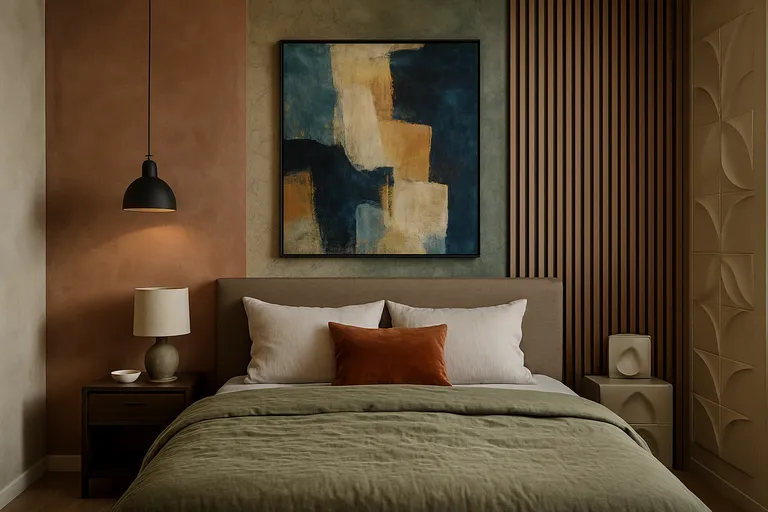 Geef je slaapkamer karakter met een statementmuur vol kleur, textuur en kunst