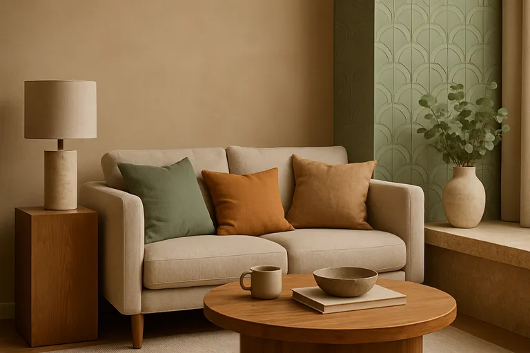 Kleuren en afwerkingen: warme neutraaltinten, zachte groenen en grafische patronen