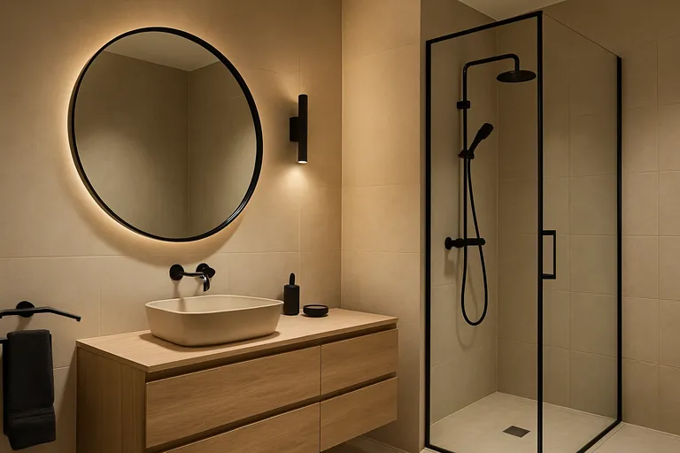 Tijdloze badkamer met beige basis en zwarte accenten voor warmte en contrast